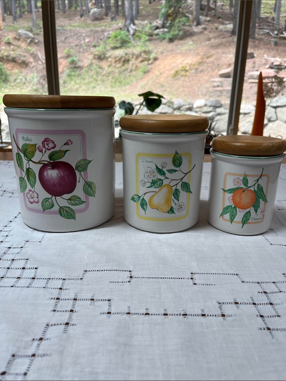 Vintage Himark Ceramic Fruit Canister Set of 3 Wood Lids Taiwan Apple Pear Peach